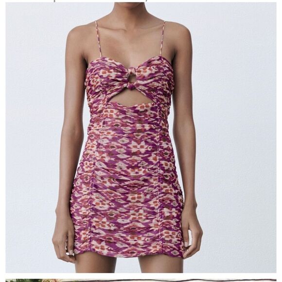 Zara spaghetti strap front knot ruched mini dress - Picture 1 of 15